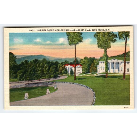 Vintage Linen Postcard Sunrise Scene College & Abbott Hall Blue Ridge NC - Picture 1 of 2